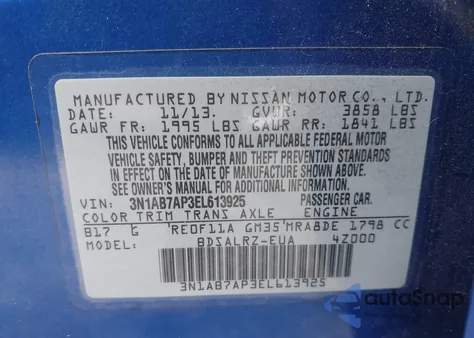 2014 Nissan Sentra Sr z USA, uszkodzony, nr VIN 3N1AB7AP3EL613925